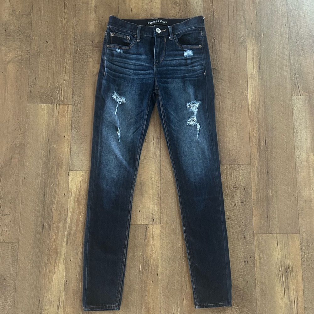 Express Distressed Skinny Jeans Dark Wash Mid Rise Stretch Denim Size 0R